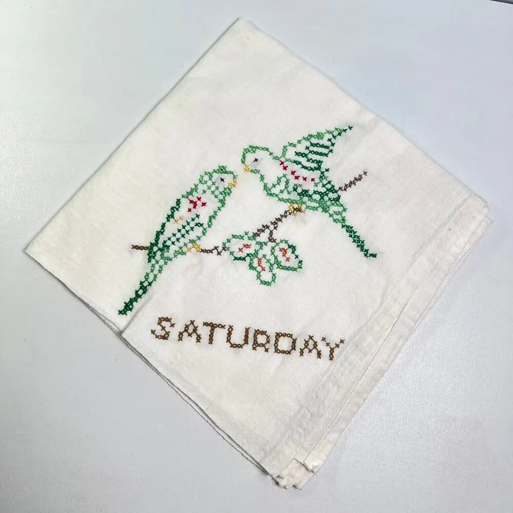 Vintage 4 Tea Towels Set Days of the Week Cross Stitch Love Birds Cottage
